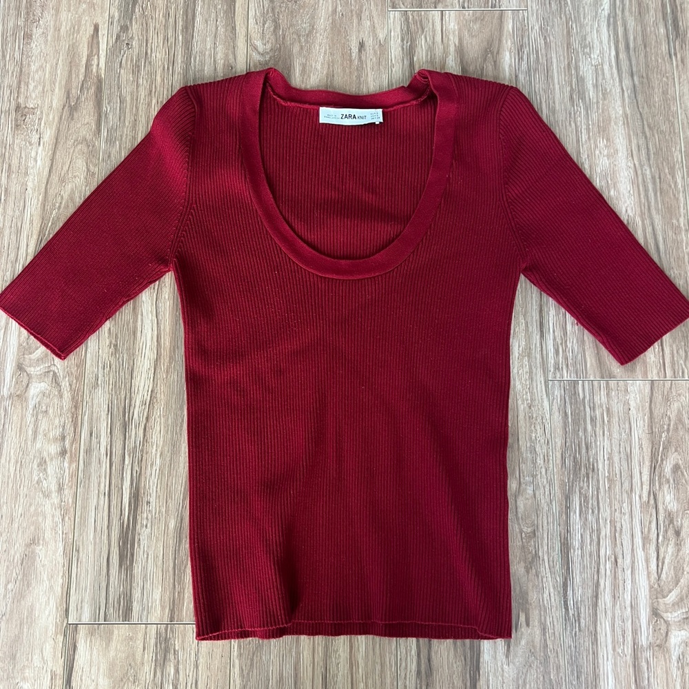 Zara Dark Red Ribbed Top